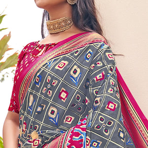 Grey Patola Printed Silk Saree With Tassels