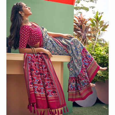 Grey Patola Printed Silk Saree With Tassels