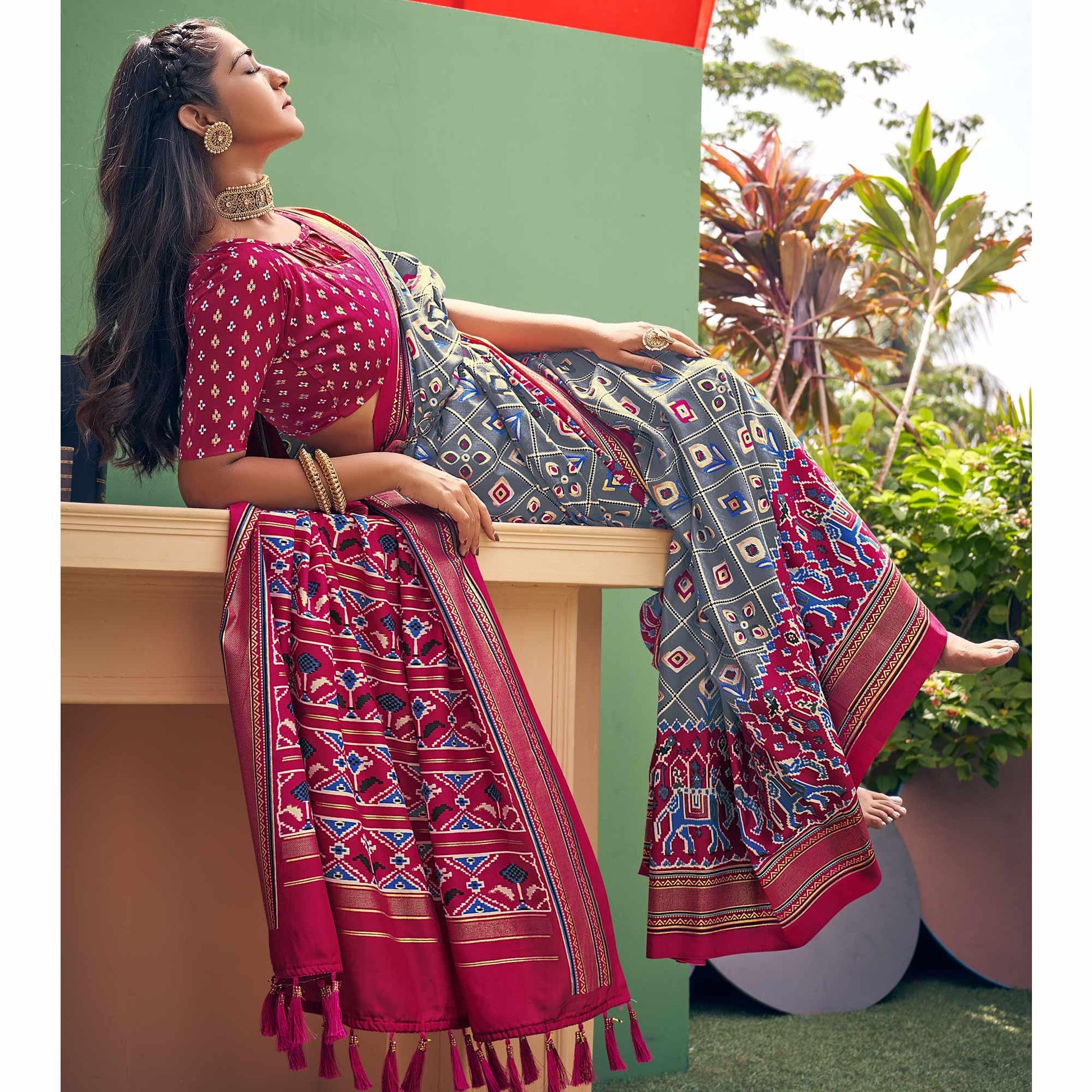 Grey Patola Printed Silk Saree With Tassels