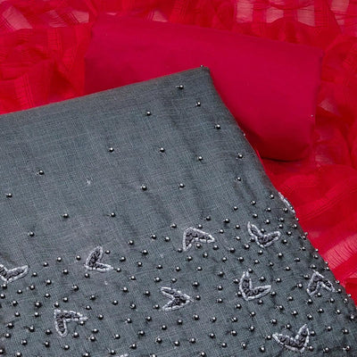 Grey Pearl Embroidered Pure Cotton Dress Material