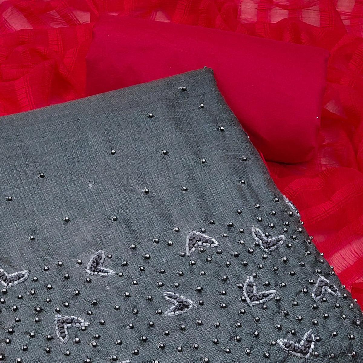 Grey Pearl Embroidered Pure Cotton Dress Material