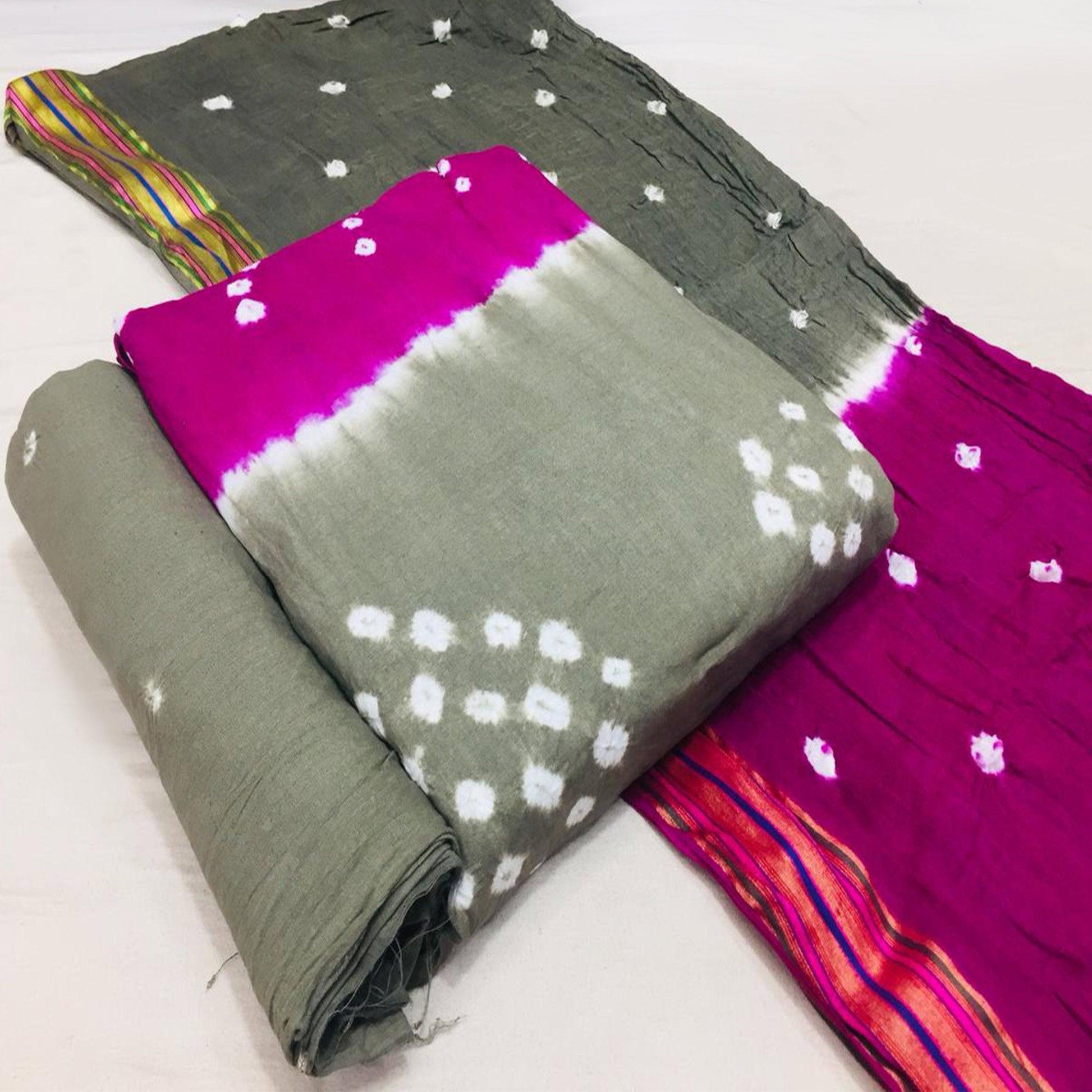 Grey-Pink Bandhani Printed Cotton Blend Dress Material