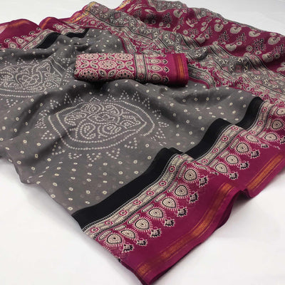 Grey-Pink Bandhani Printed Cotton Blend Saree