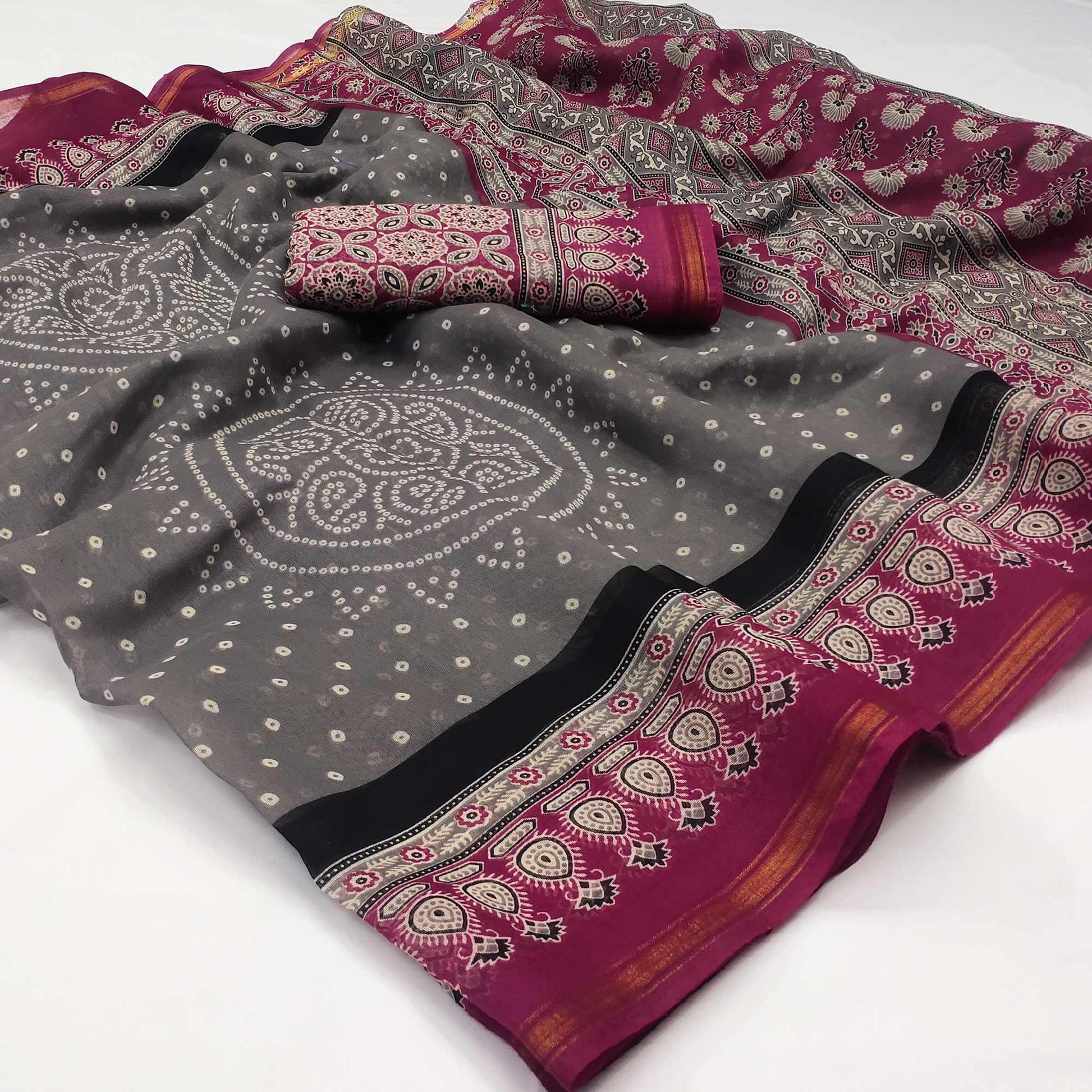 Grey-Pink Bandhani Printed Cotton Blend Saree