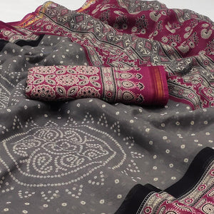 Grey-Pink Bandhani Printed Cotton Blend Saree