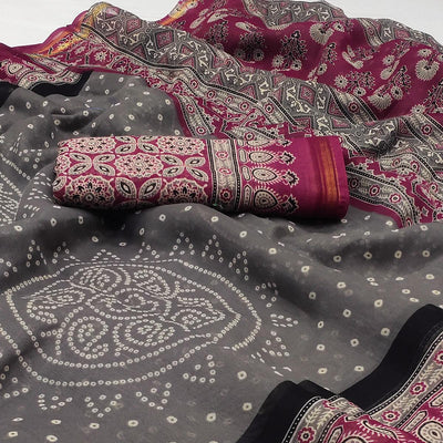 Grey-Pink Bandhani Printed Cotton Blend Saree