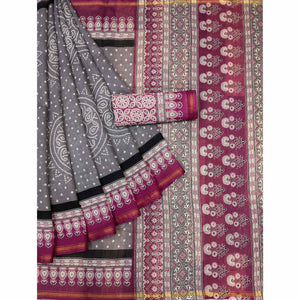 Grey-Pink Bandhani Printed Cotton Blend Saree