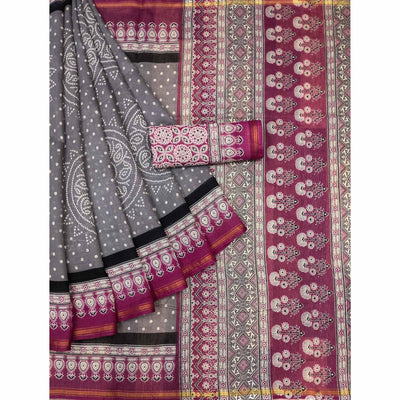 Grey-Pink Bandhani Printed Cotton Blend Saree