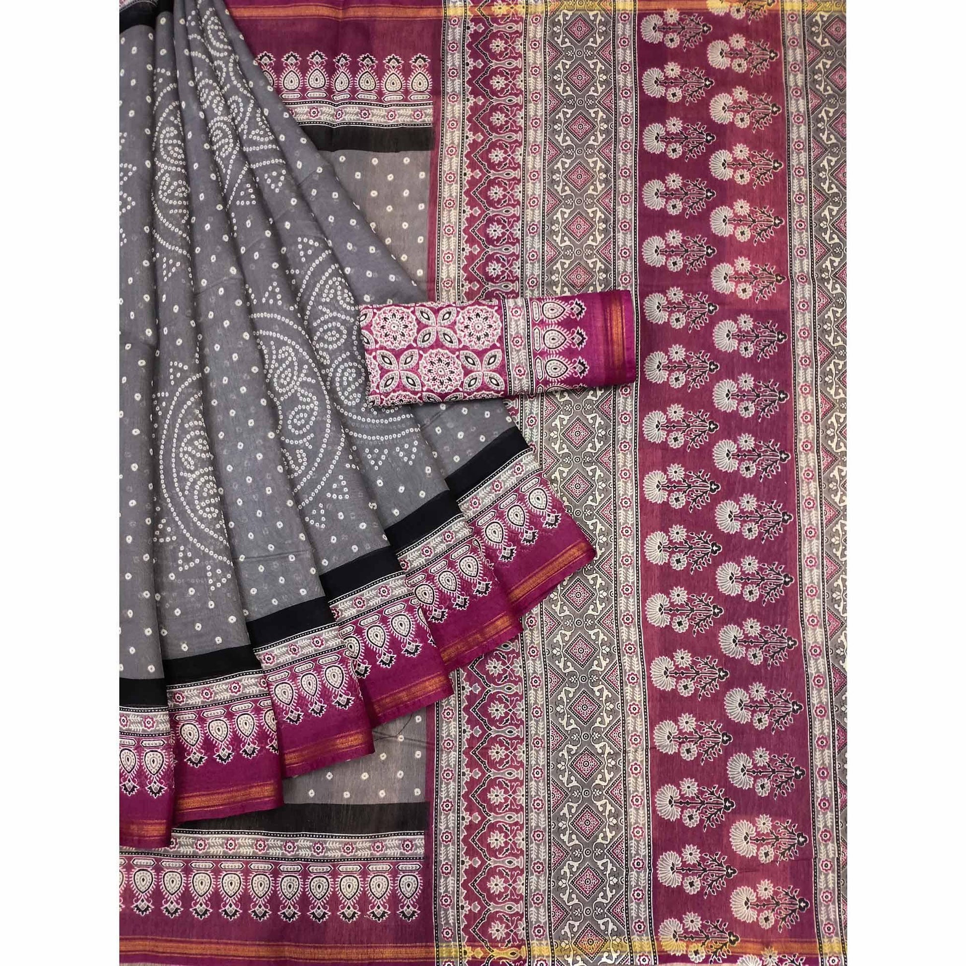 Grey-Pink Bandhani Printed Cotton Blend Saree