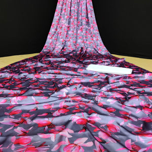 Grey-Pink Casual Wear Floral Digital Printed Satin Saree