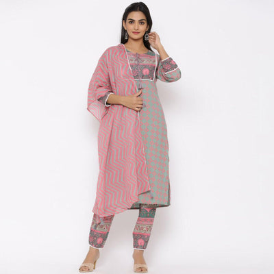 innovative-grey-pink-colored-partywear-printed-cotton-kurti-bottom-set-with-dupatta-69293