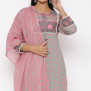 innovative-grey-pink-colored-partywear-printed-cotton-kurti-bottom-set-with-dupatta-69293