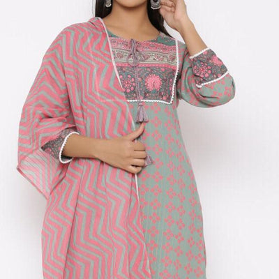 innovative-grey-pink-colored-partywear-printed-cotton-kurti-bottom-set-with-dupatta-69293