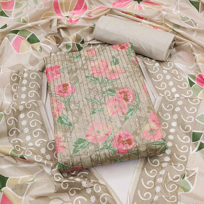 Grey-Pink Printed With Embroidered Pure Cotton Dress Material