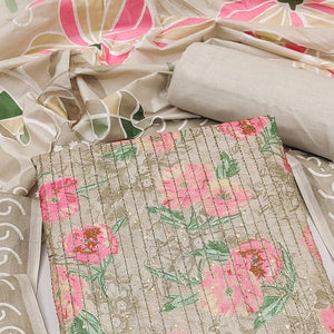 Grey-Pink Printed With Embroidered Pure Cotton Dress Material