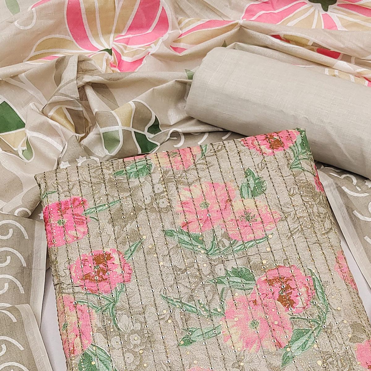 Grey-Pink Printed With Embroidered Pure Cotton Dress Material