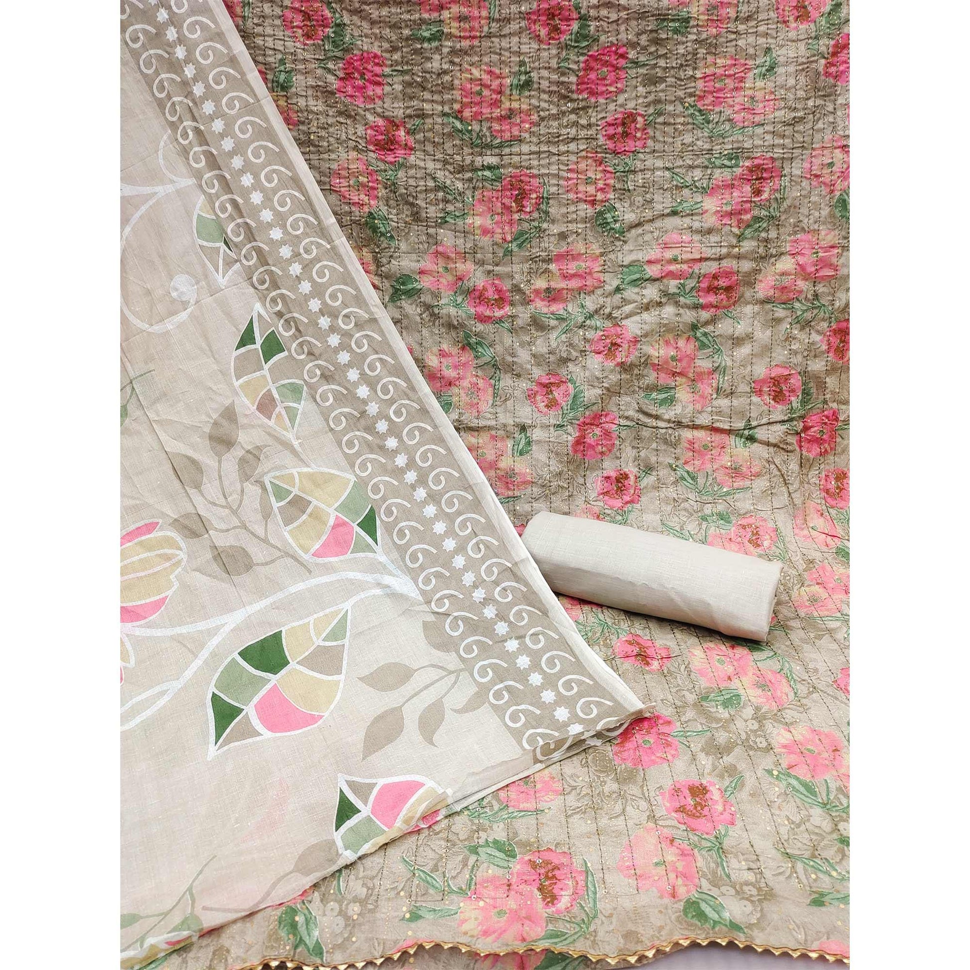 Grey-Pink Printed With Embroidered Pure Cotton Dress Material