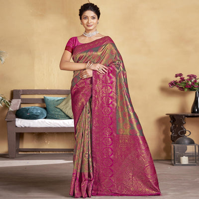Grey-Pink Woven Art Silk Saree
