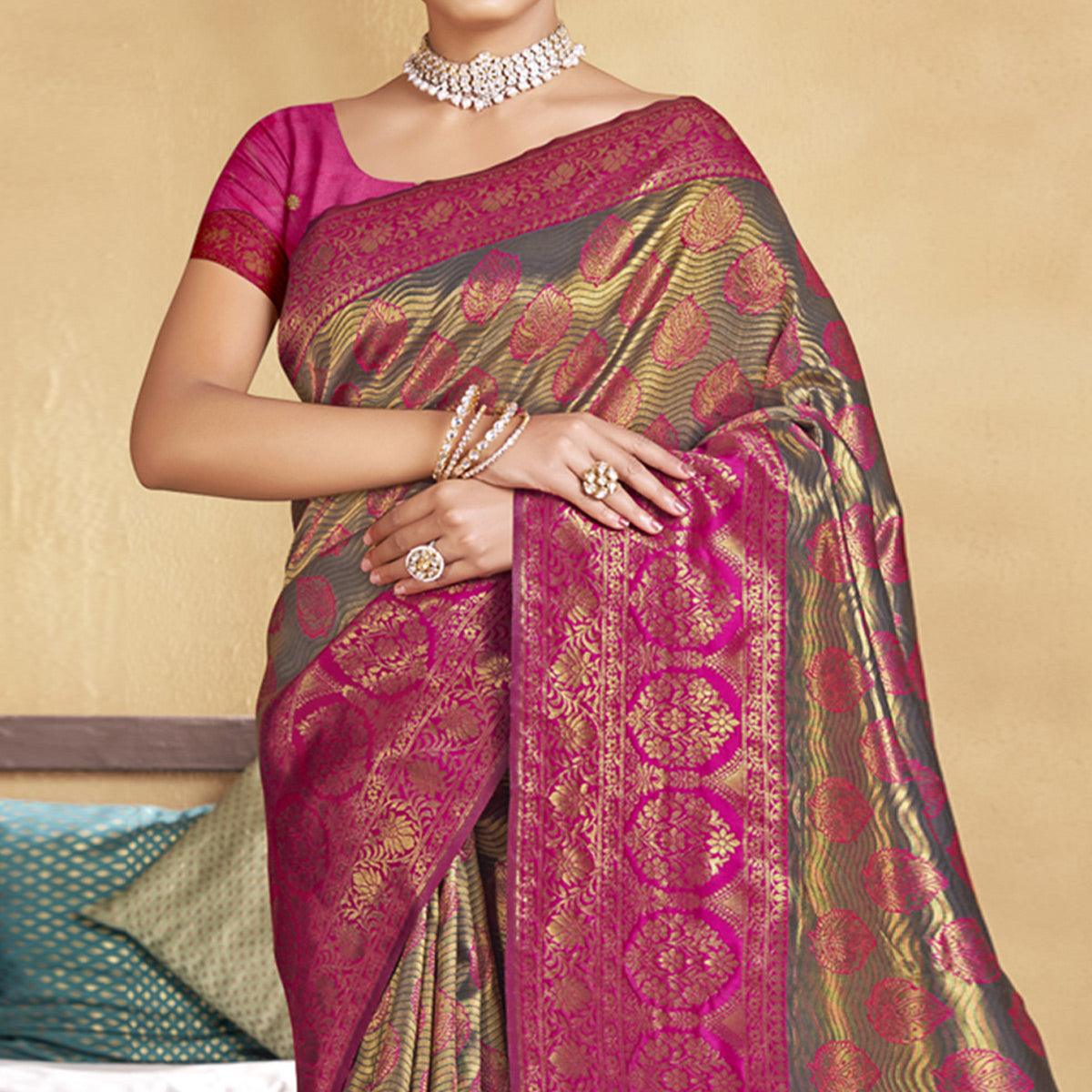 Grey-Pink Woven Art Silk Saree
