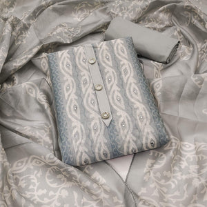 Grey Printed & Mirror Work Chanderi Dress Material