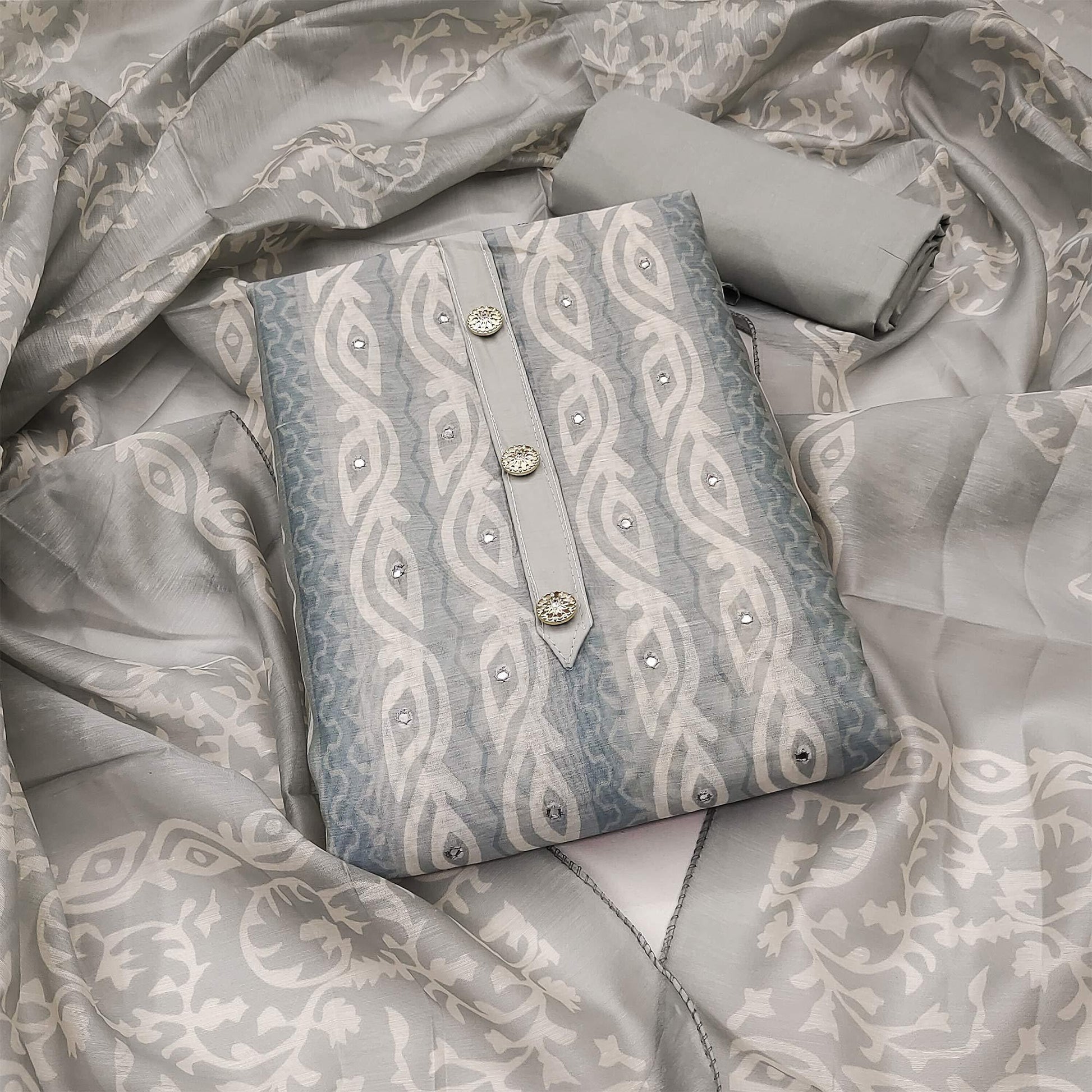Grey Printed & Mirror Work Chanderi Dress Material