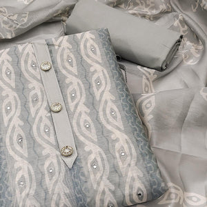 Grey Printed & Mirror Work Chanderi Dress Material