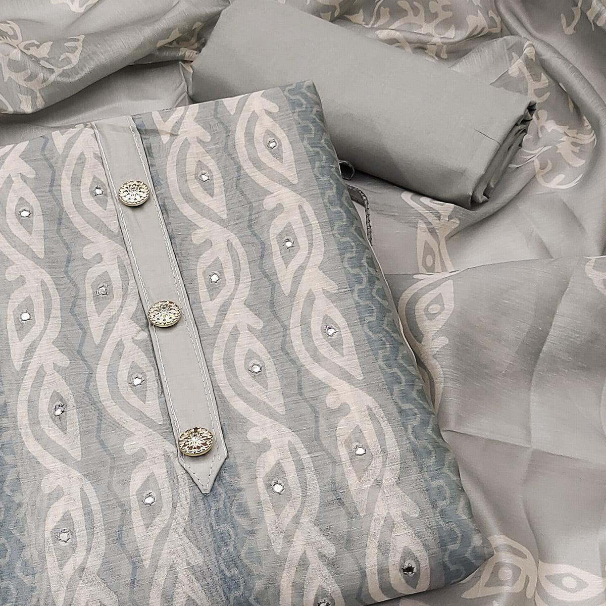 Grey Printed & Mirror Work Chanderi Dress Material