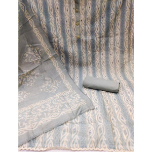 Grey Printed & Mirror Work Chanderi Dress Material