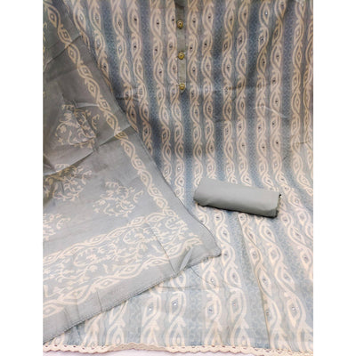 Grey Printed & Mirror Work Chanderi Dress Material