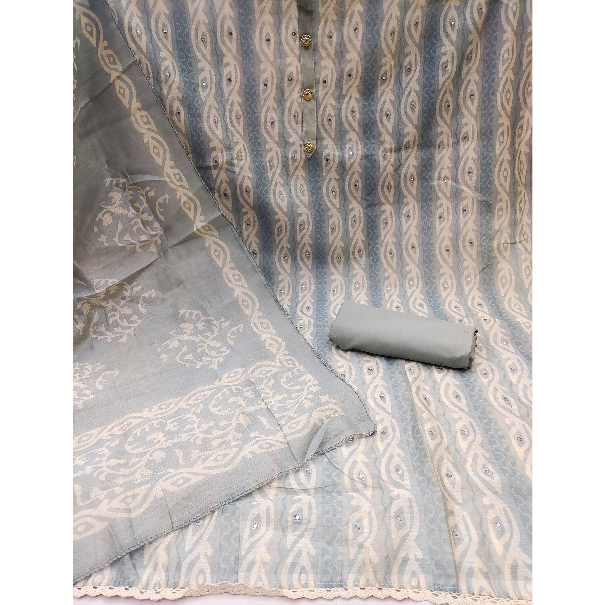 Grey Printed & Mirror Work Chanderi Dress Material