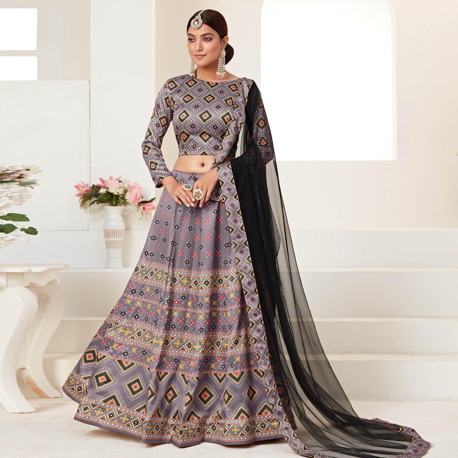 Grey Printed Art Silk Lehenga Choli