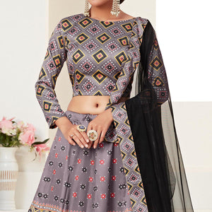 Grey Printed Art Silk Lehenga Choli