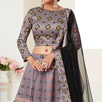 Grey Printed Art Silk Lehenga Choli