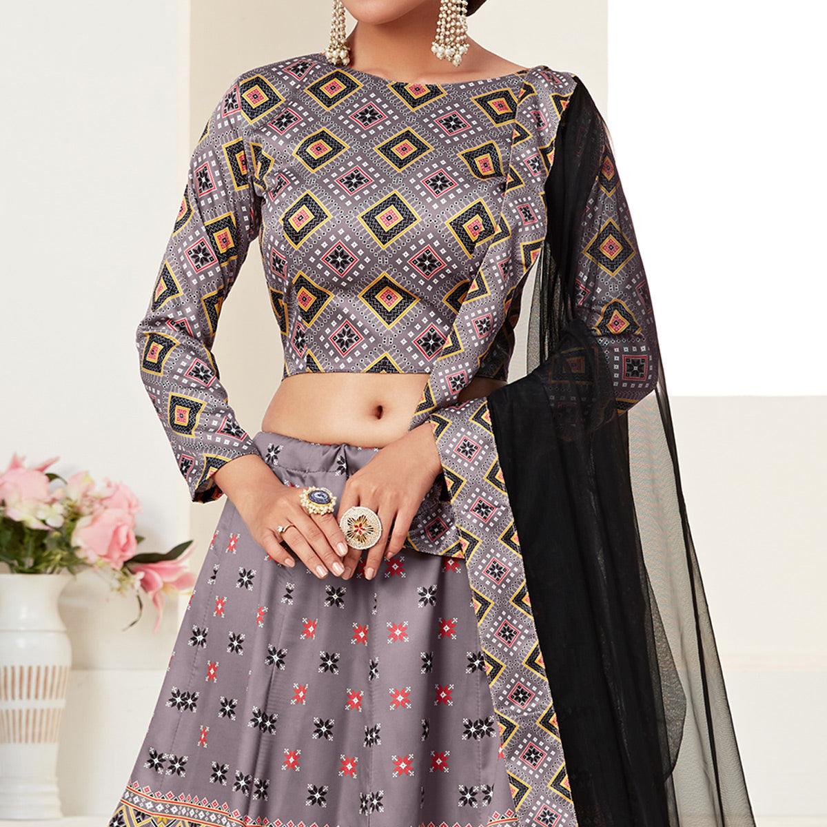 Grey Printed Art Silk Lehenga Choli
