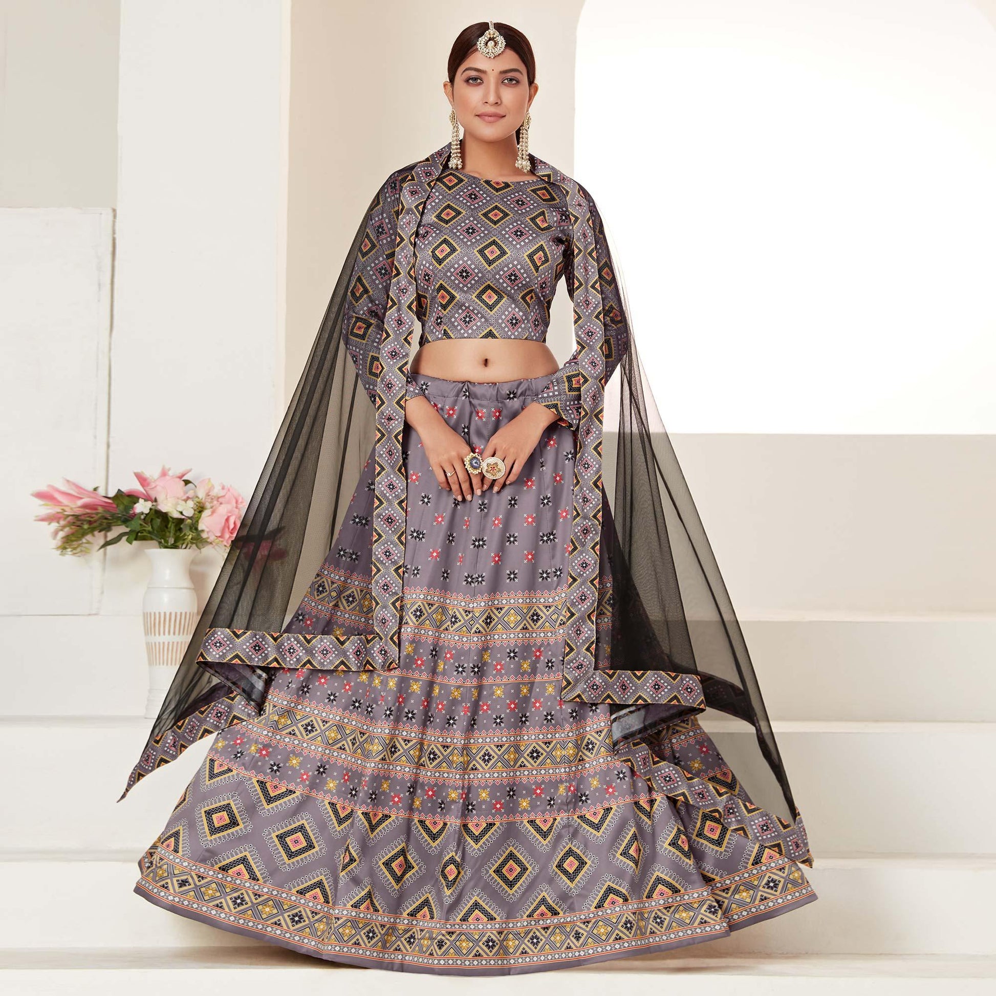 Grey Printed Art Silk Lehenga Choli