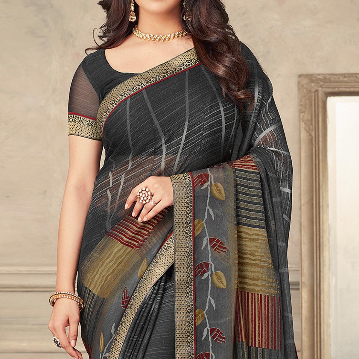 Grey Printed Chiffon Saree
