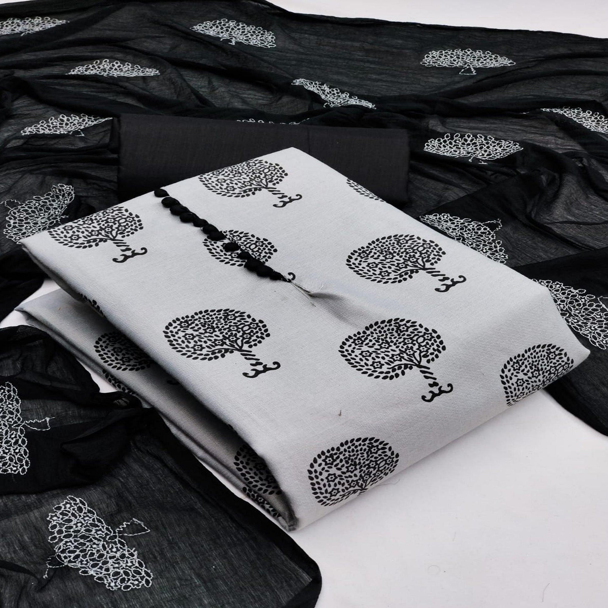 Grey Printed Cotton Dress Material
