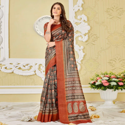 Grey Printed Cotton Saree