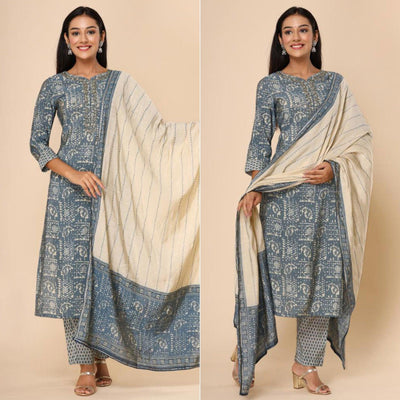 Grey Printed Cotton Silk Kurti Pant Set With Dupatta