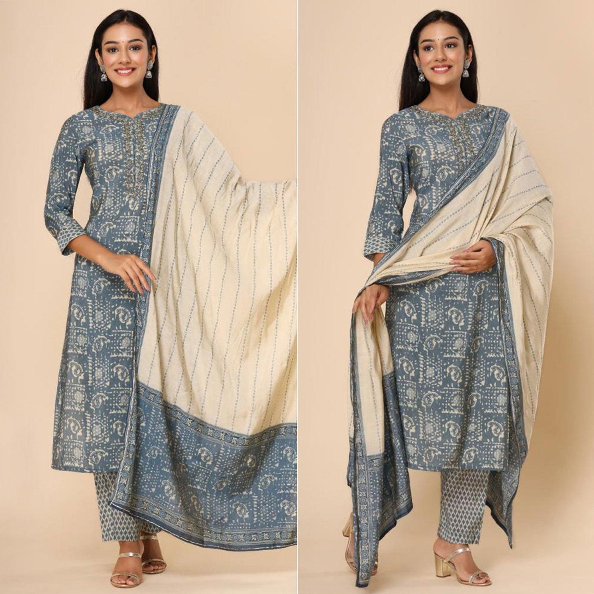 Grey Printed Cotton Silk Kurti Pant Set With Dupatta