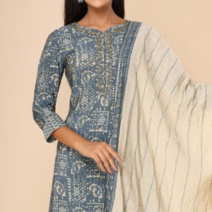 Grey Printed Cotton Silk Kurti Pant Set With Dupatta