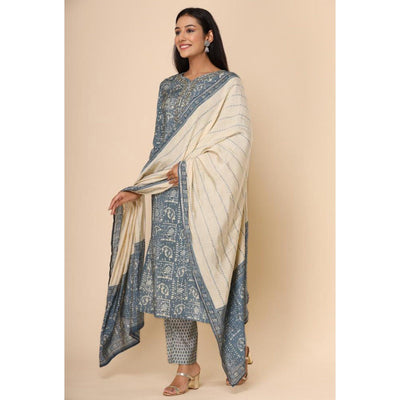 Grey Printed Cotton Silk Kurti Pant Set With Dupatta