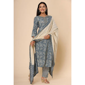 Grey Printed Cotton Silk Kurti Pant Set With Dupatta
