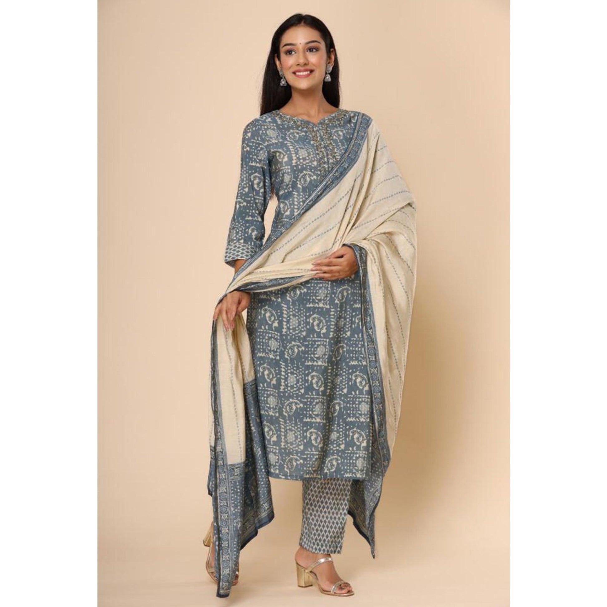 Grey Printed Cotton Silk Kurti Pant Set With Dupatta