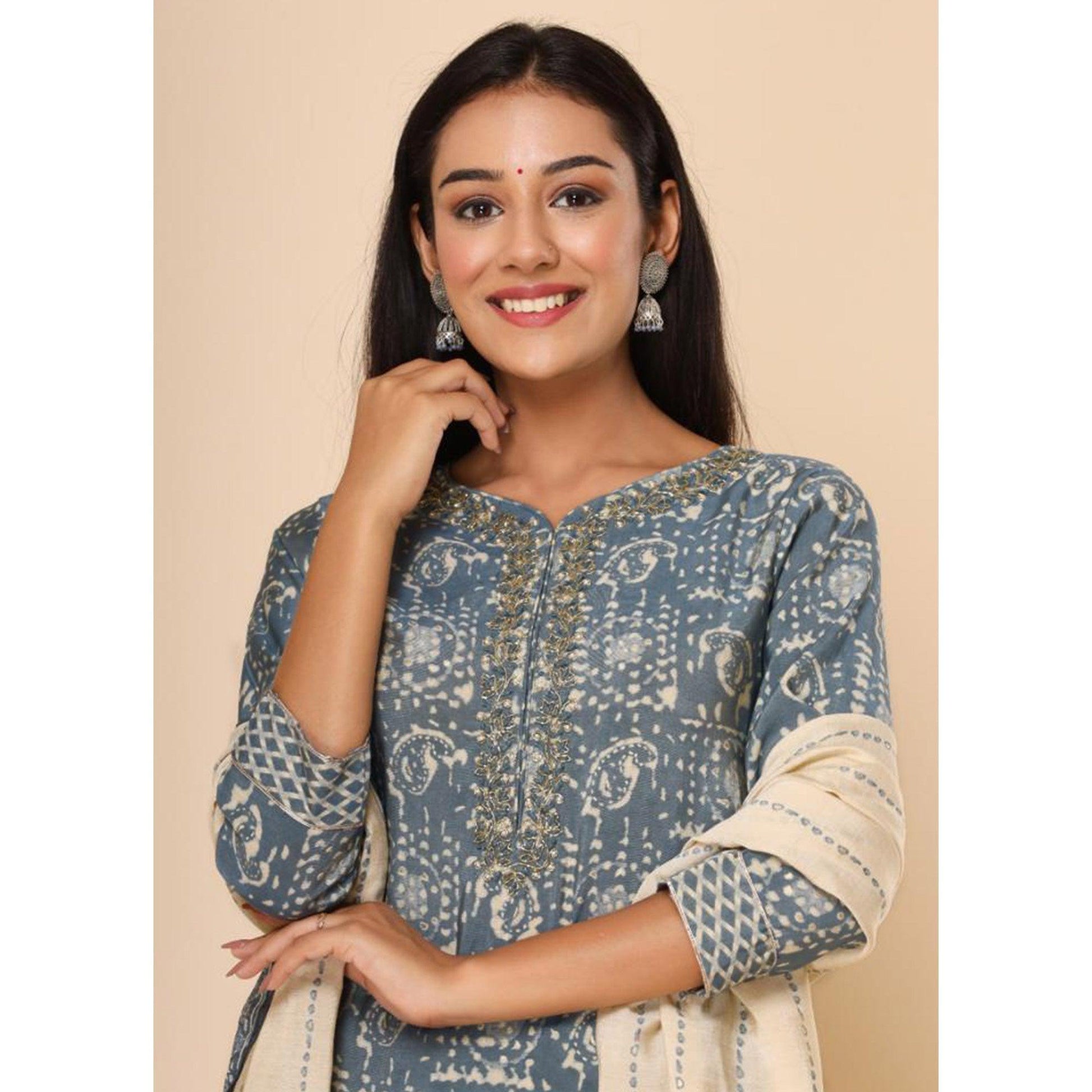 Grey Printed Cotton Silk Kurti Pant Set With Dupatta