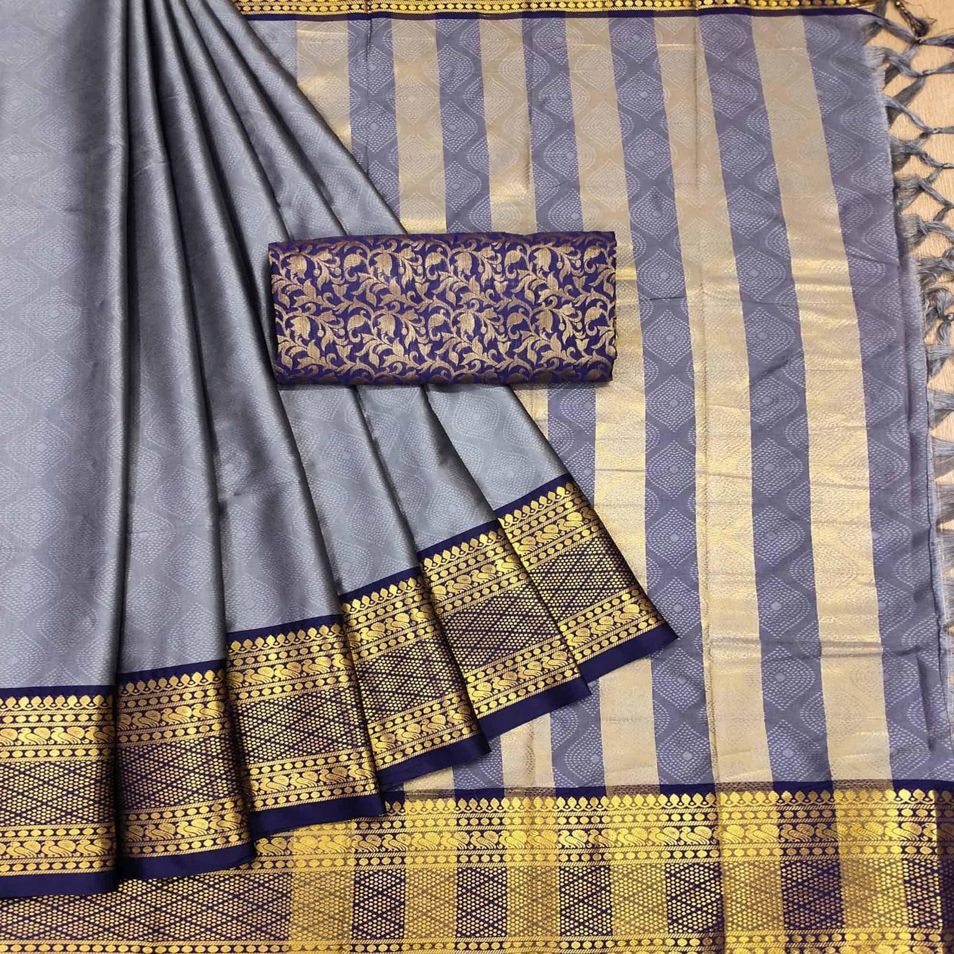 Grey Printed Cotton Silk Saree