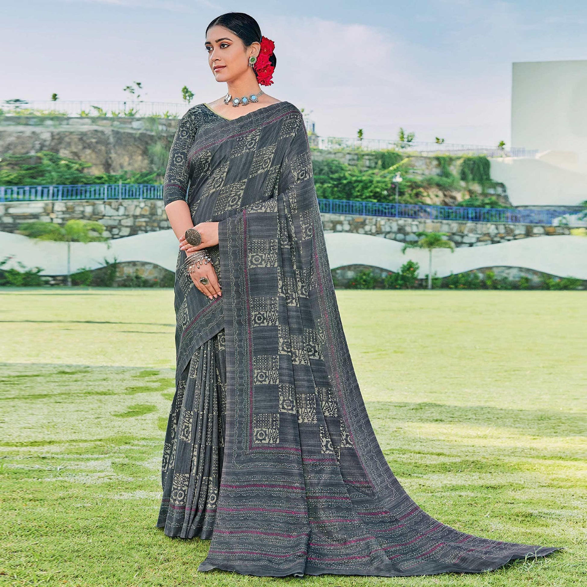 Grey Printed Cotton Silk Saree