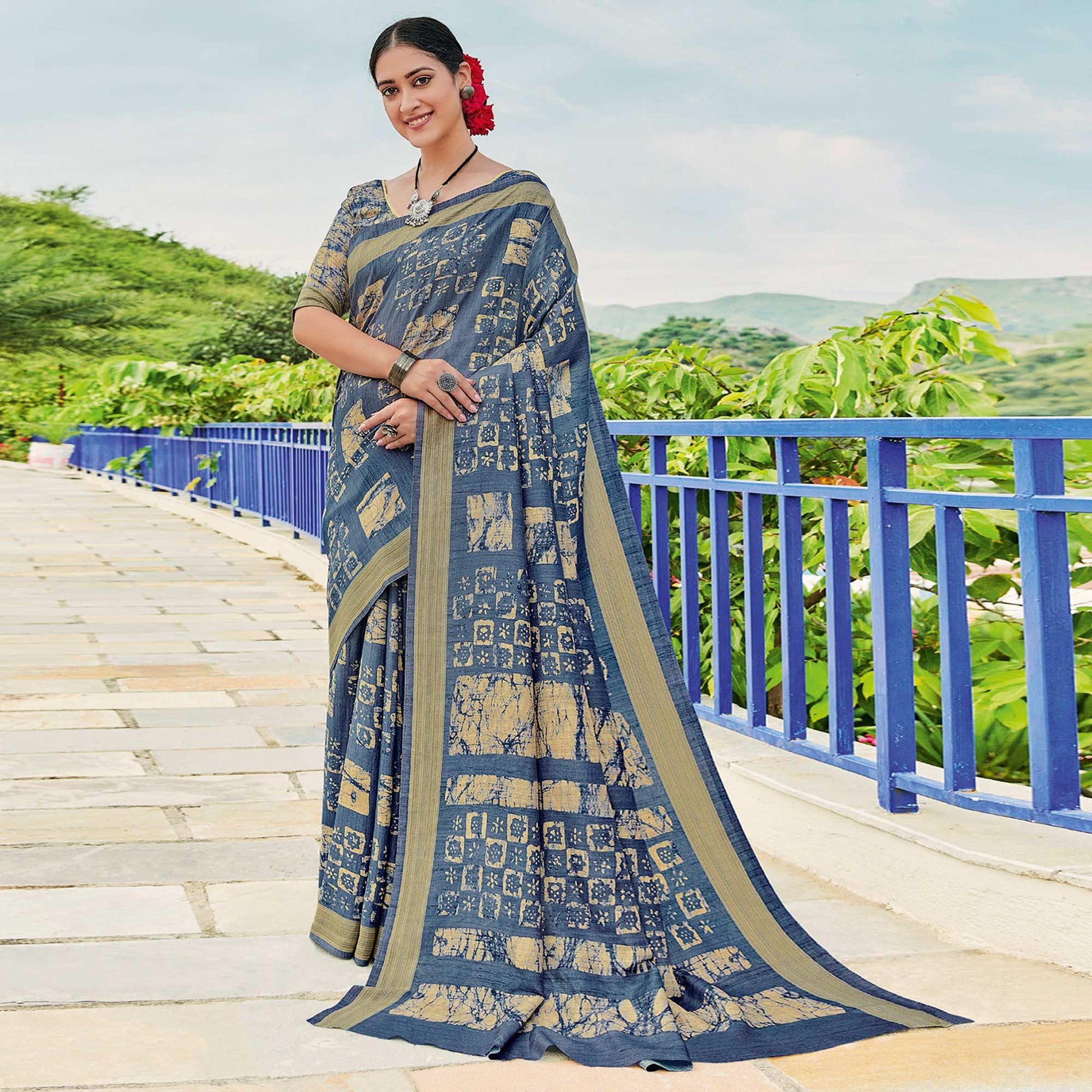 Grey Printed Cotton Silk Saree