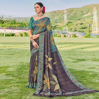 Grey Printed Cotton Silk Saree