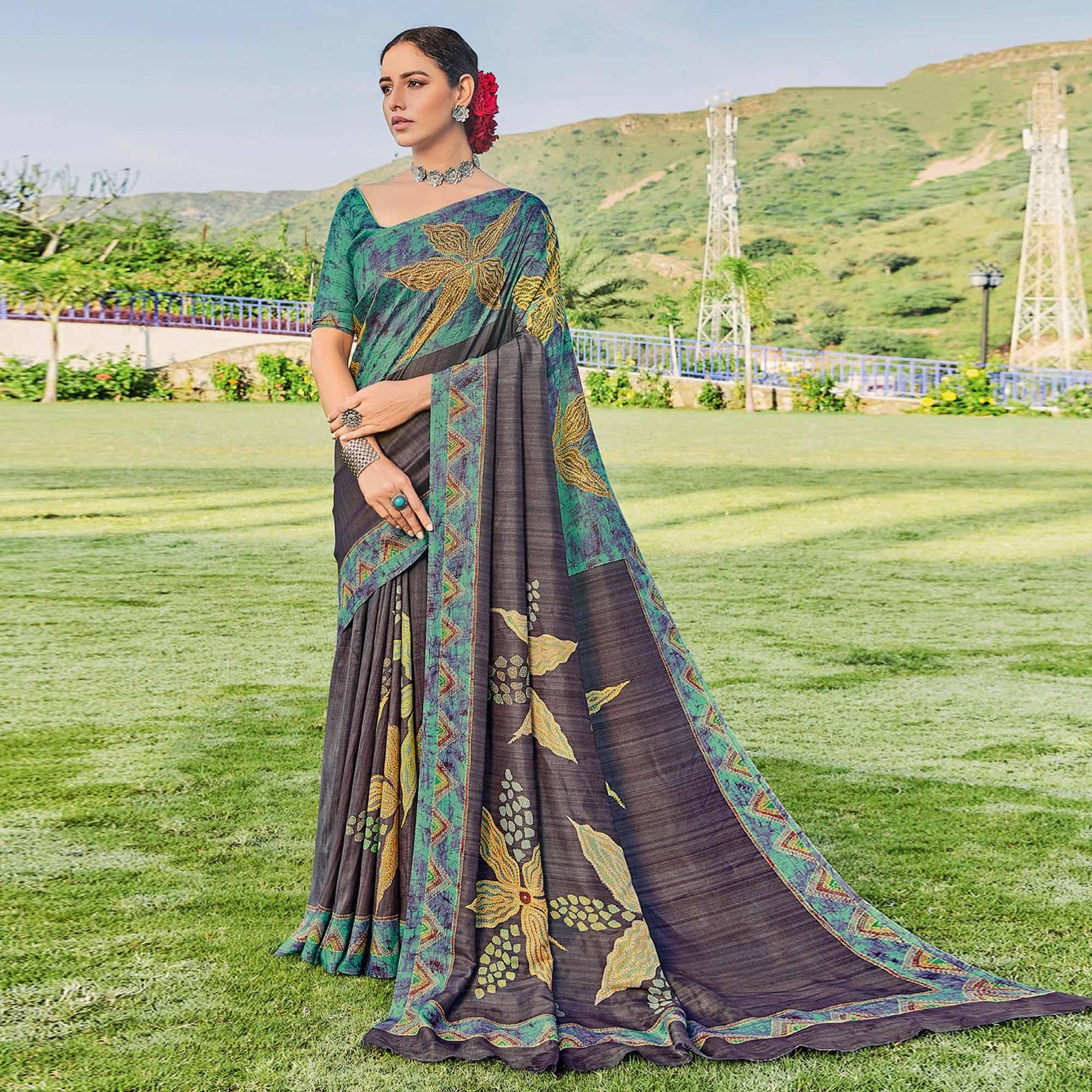 Grey Printed Cotton Silk Saree